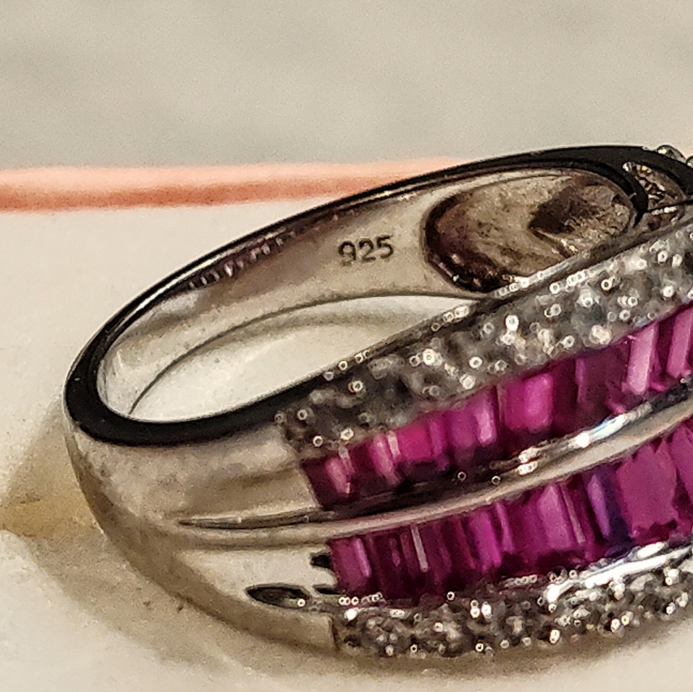 VINTAGE 4 ROW ETERNITY BAND BAGUETTE CUT RUBIES & ROUND DIAMONDS SILVER RING - Picture 11 of 12